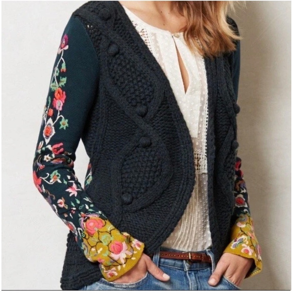 Anthropologie Sleeping on Snow Floral Embroidered Cable Knit Cardigan Gray Teal